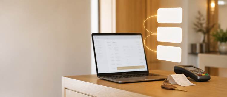 Laptop showing a guest bill on a hotel reception desk beside a card terminal