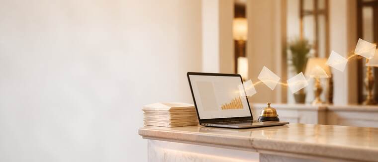 Laptop showing a direct-booking offer on a hotel reception counter