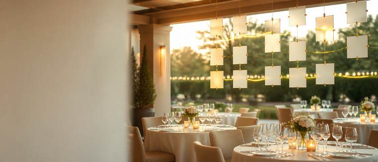 Banquet hall set for an evening event under string lights