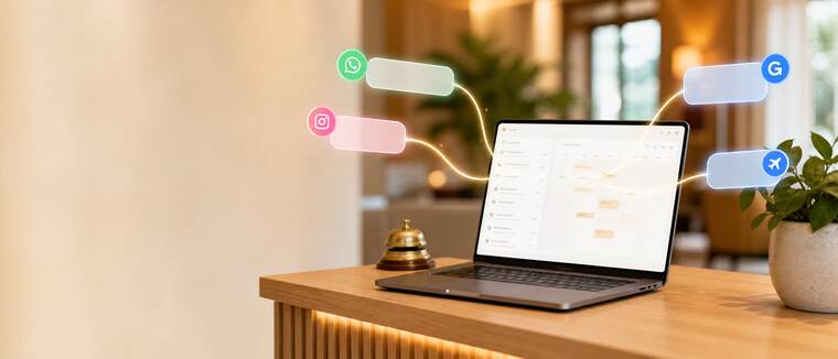 Laptop showing one inbox for WhatsApp, Instagram and Google messages at a hotel desk