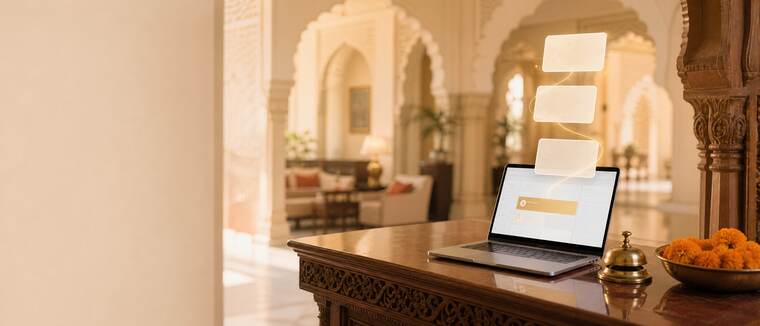 Front desk in a heritage hotel lobby with the room board on a laptop