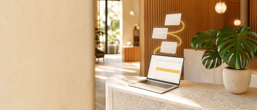 Hotel lobby with the hotel website and booking engine on a laptop
