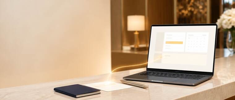 Laptop showing the booking register on a hotel front desk