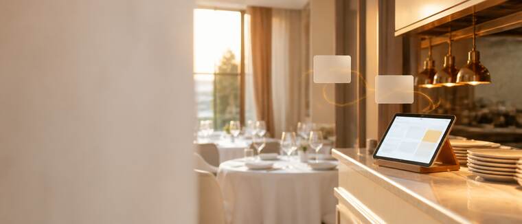 Hotel restaurant with a tablet showing the table plan