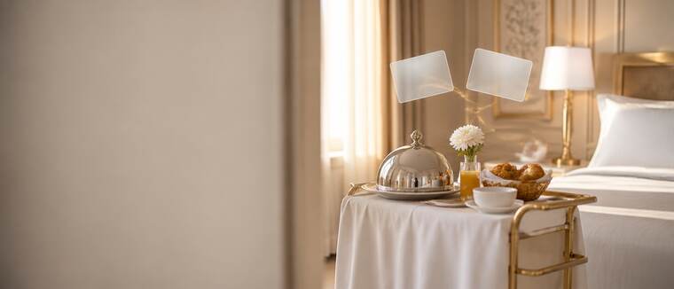 Room service trolley with a covered dish beside a hotel bed