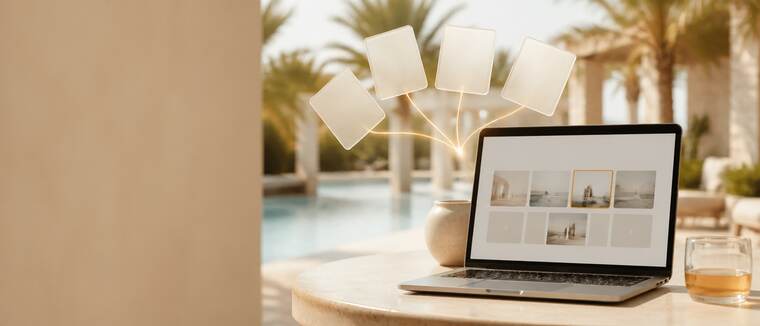 Laptop by a hotel pool publishing one post to social media