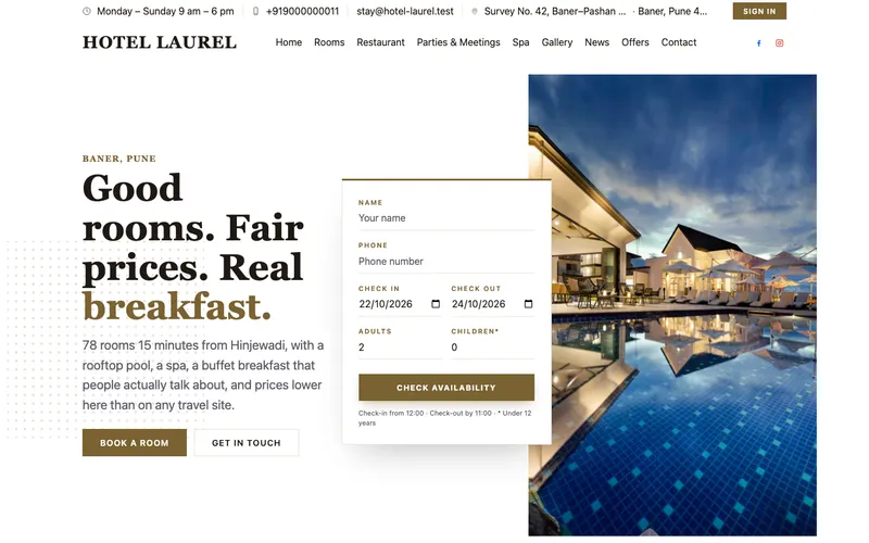 Facet template, home page: a serif headline beside a tall hotel photograph, shown with a demo hotel