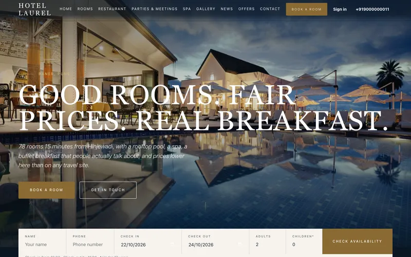 Heritage template, home page: a full-width hotel photograph on a dark ground, shown with a demo hotel