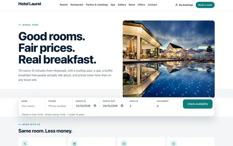 Juniper template, home page: headline, a hotel photograph and the dates-and-price bar, shown with a demo hotel