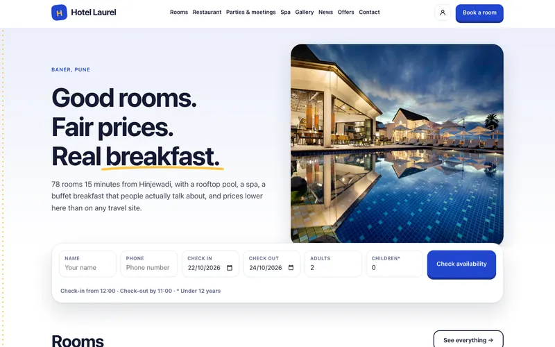 Laurel template, home page: headline, a hotel photograph and the dates-and-price bar, shown with a demo hotel