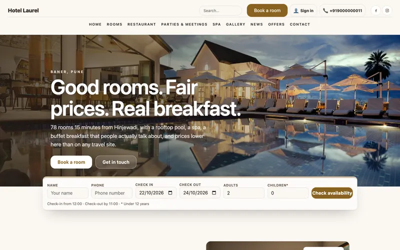 Stay template, home page: a hotel photograph, headline and booking bar, shown with a demo hotel